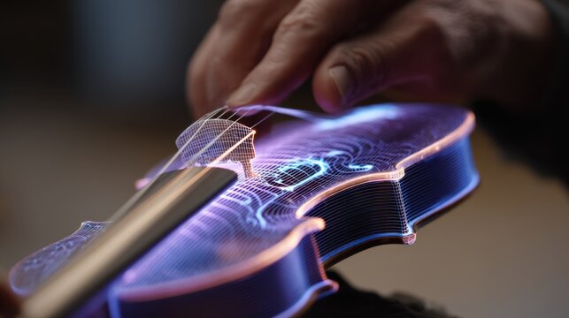 Luthier meticulously adjusts a violin bow, guided by augmented reality projections that highlight pressure points and optimal finger placements on a glowing, translucent instrument