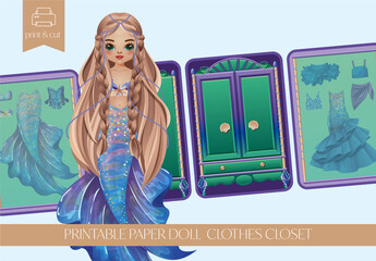 Printable paper doll set with mermaid and beach outfits, shell accessories and underwater wardrobe. Vector dress-up template in ocean-themed locker format for kids' activity books and cut-out crafts