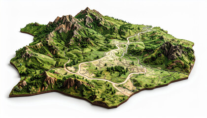 Detailed topographical model showcasing mountainous landscape with lush greenery, winding rivers, and intricate terrain features. This artistic representation captures beauty of nature