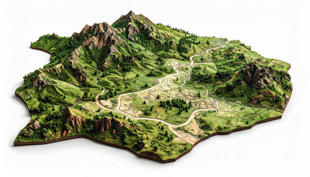 Detailed topographical model showcasing mountainous landscape with lush greenery, winding rivers, and intricate terrain features. This artistic representation captures beauty of nature