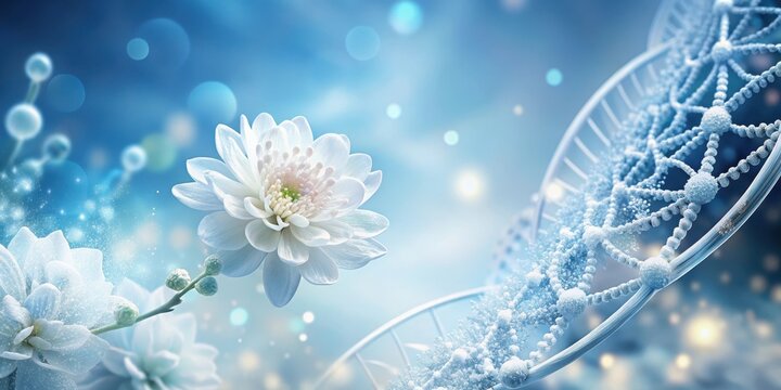 A close-up of a delicate white flower with intricate, swirling patterns resembling code DNA on a soft blue background, abstract design, genetic sequence