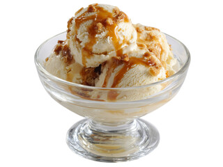 Creamy vanilla ice cream with caramel and crunchy topping in glass bowl, Isolated On Transparent Background, Png