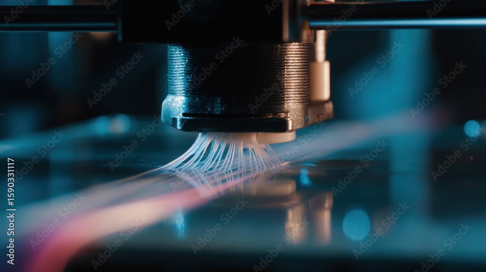 Poster close up of a 3d printer extruding plant based filament, capturing the filament's texture and the in