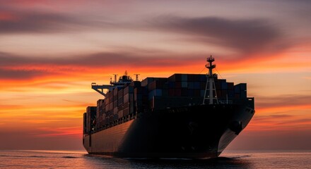 Oceangoing cargo ship silhouetted against a dramatic sunset sky loaded with multicolored freight containers.