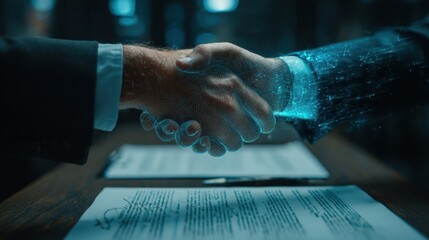 International business negotiation scene with digital contract floating in focus, blurred background