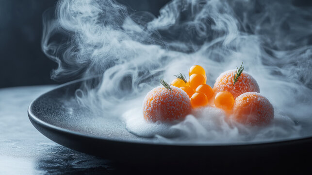 Modern gastronomy: molecular gastronomy orange dessert with smoke effects on black plate