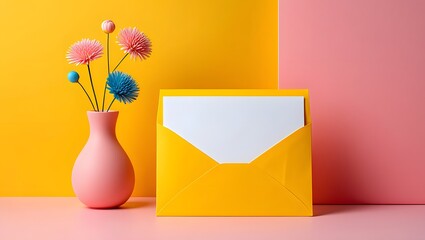 Stock photo of yellow envelope with card and pink vase with flowers on colorful set