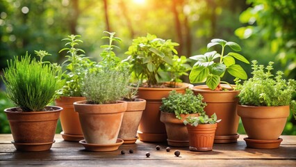 herb garden in terracotta pots under natural light, flora, garden,  flora, garden, foliage, plants