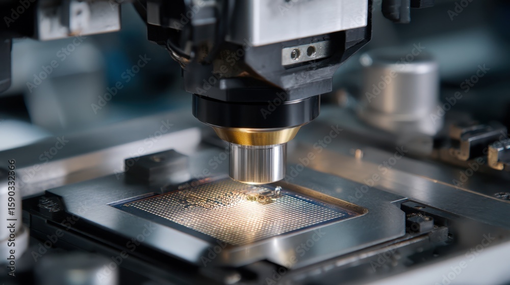 Poster automated precision soldering process on a photonic interposer, showcasing the robotic arm's meticul