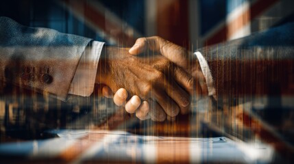 International business negotiation scene with digital contract floating in focus, blurred background