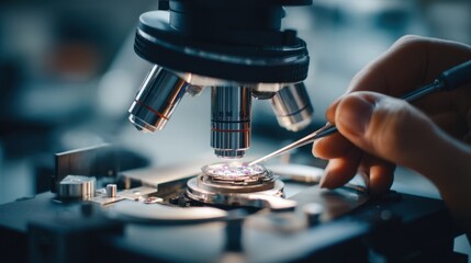 Watchmaker meticulously secures a sapphire crystal onto a watch movement under a microscope, utilizing specialized tools for precise placement and alignment