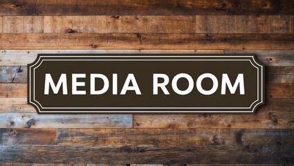 Fototapeta premium Phrase Media Room is displayed on an attractive signage board with on a beautiful rustic wooden background