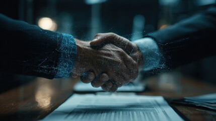 International business negotiation scene with digital contract floating in focus, blurred background