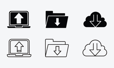 Digital File Transfer and Storage Icons Representing Upload Download and Cloud Data Concepts Icon Set of Line and Silhouette Vector on White Background