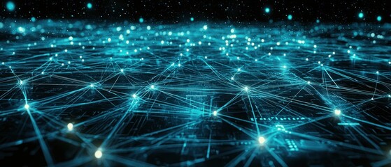 Obraz premium Abstract digital network rendering, showcasing interconnected nodes and glowing lines against a dark background, creating a sense of depth and complexity