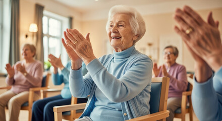 A group of elderly women clapping hands while sitting in chairs in a well lit room with a window behind them