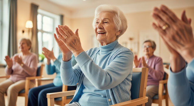A group of elderly women clapping hands while sitting in chairs in a well lit room with a window behind them