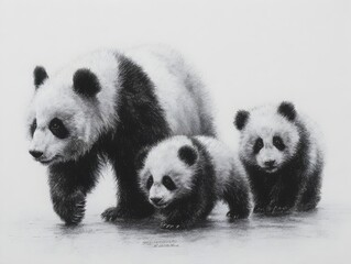 Obraz premium An artistic drawing showcases a panda bear walking with its two cubs in a simple, elegant composition.