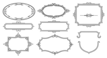 Collection of elegant vintage ornamental frames and borders in various shapes and sizes on a white background.