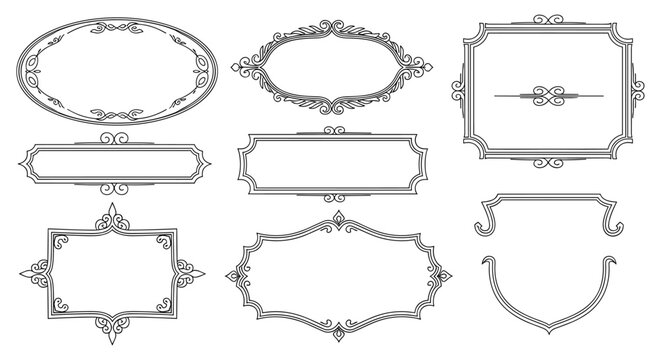 Collection of elegant vintage ornamental frames and borders in various shapes and sizes on a white background.