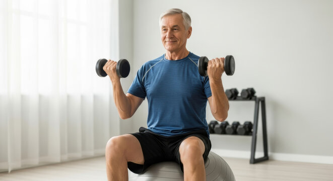 Senior man exercising with dumbbells while sitting on a fitness ball in a bright and airy room