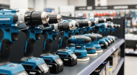 Neatly organized row of cordless power tools highlighting innovation and convenience in hardware retail.