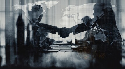 International business negotiation scene with digital contract floating in focus, blurred background