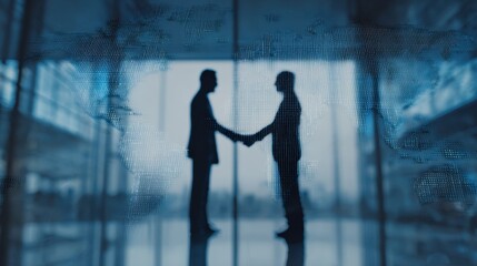 International business negotiation scene with digital contract floating in focus, blurred background