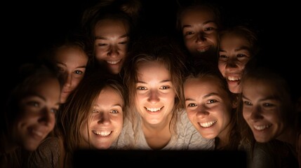Fototapeta premium A group of young women gleefully watches a bright screen in a dimly lit room while smiling widely together.