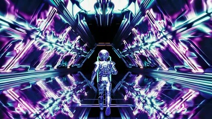Futuristic cyborg walking through neon lit tunnel with reflective surfaces in scifi setting - Powered by Adobe