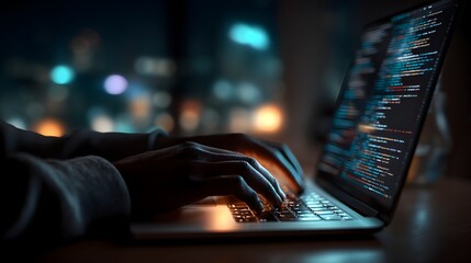 Hands type code on a laptop at night with blurred cityscape backdrop, representing software development work.