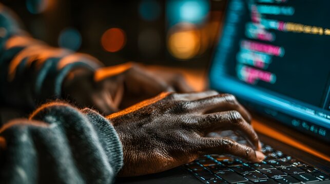 A focused programmer types code on a laptop in a dimly lit room illuminated by the screen's light glow.