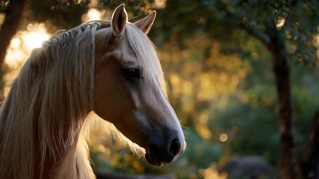 Palomino horse head close up with a soft golden light
