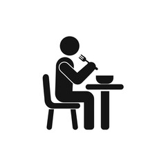 Flat vector illustration of a person sitting at a table eating with a fork. Solid design.
