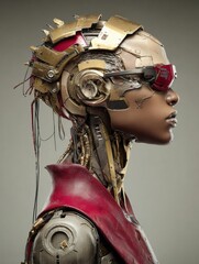 Hyper-realistic futuristic humanoid character with detailed cybernetic features, space for text
