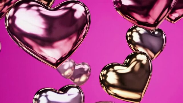 Shiny metallic hearts floating against vibrant pink background