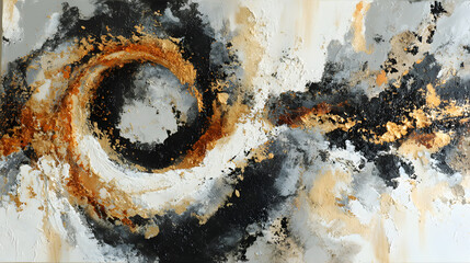 Black and orange abstract painting with a white background. The painting has a lot of texture and seems to be a representation of a vortex or a swirling pattern