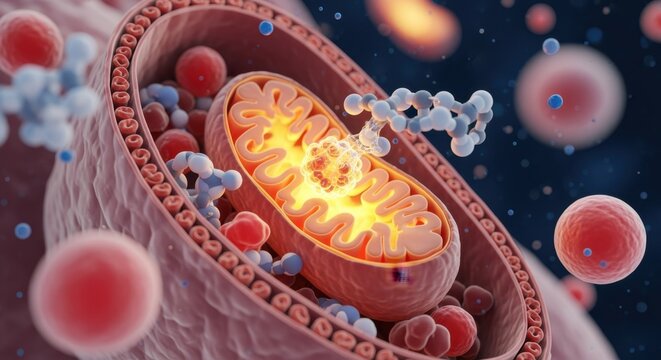 Microscopic view of mitochondria inside cell transferring energy with glowing molecule structure, surrounded by other organelles and biological components