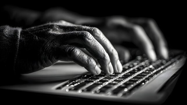 An older persons hands are typing on a laptops illuminated keyboard in monochrome against a black background.