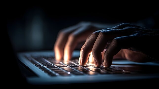 Hands typing on laptop keyboard in dark room illuminate the fingers with soft light at night indoors.