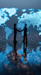 International business negotiation scene with digital contract floating in focus, blurred background