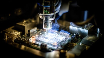 Robotic arm performing precise cold spray maintenance on cubesat circuitry, creating dramatic light and metal contrast in high tech laboratory environment