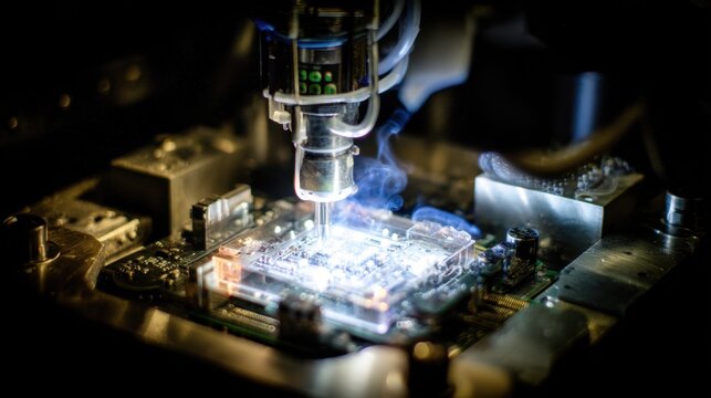 Robotic arm performing precise cold spray maintenance on cubesat circuitry, creating dramatic light and metal contrast in high tech laboratory environment