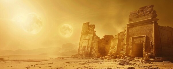 Ancient desert ruins stand under two celestial bodies in a vast, golden landscape. The scene evokes a sense of mystery, otherworldliness, and historical decay