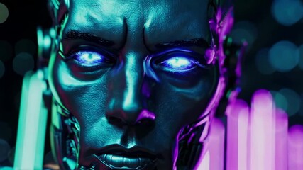 Futuristic neon robot with glowing eyes in cyberpunk environment - Powered by Adobe