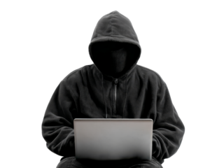 Anonymous hacker using laptop in the dark, Isolated On Transparent Background, Png