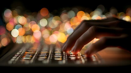 Fingers tap swiftly on a laptop keyboard illuminated by colorful blurred city lights at nighttime background.