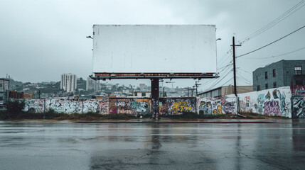 White Billboard in Urban Cityscape with Realistic Street Atmosphere, Generative AI