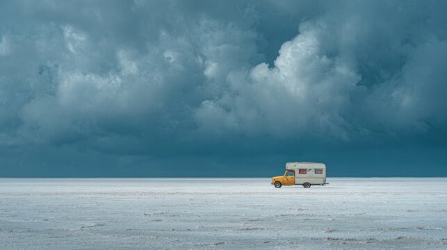 A Lonely Retro Campervan on a Vast Salt Flat Under a Dramatic Sky