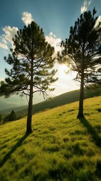 Sunlight Through Pine Trees on Grassy Mountain Slope
